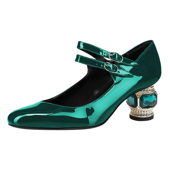 FSJ Women Comfortable Adjustable Double Strap Mary Jane Shoes Rounded Closed Toe Crystal Chunky Block Low Heel Pumps Business Date Dress Shoes Size 8 Green