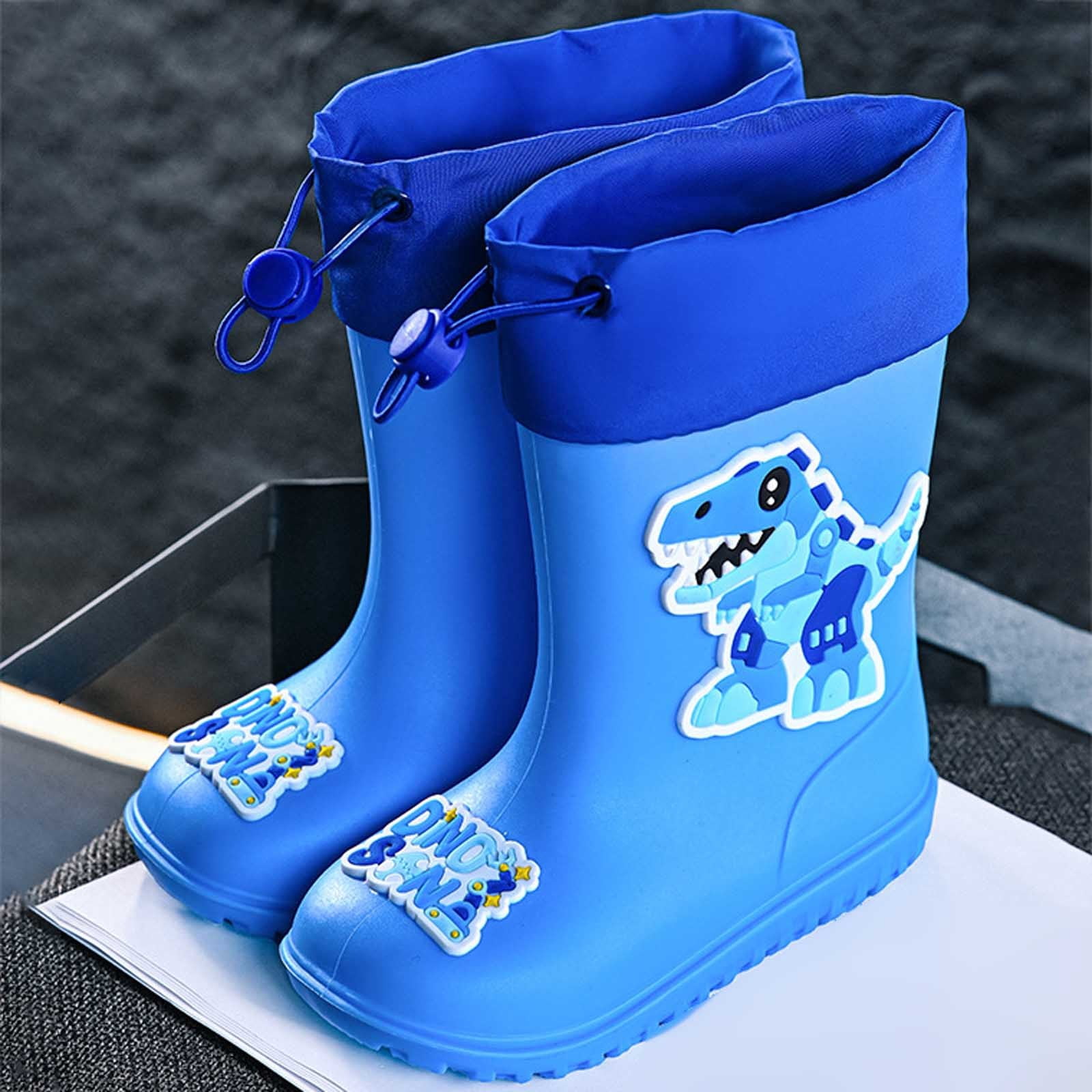 Wuxian Rain Boot For Girls Rain Boots Lightweight Anti- Cute Cartoon Dinosaur Pattern Rain Booties Waterproof Soft Sole Easy Put On Drawstring Rainy Shoes,Blue,11-11.5T