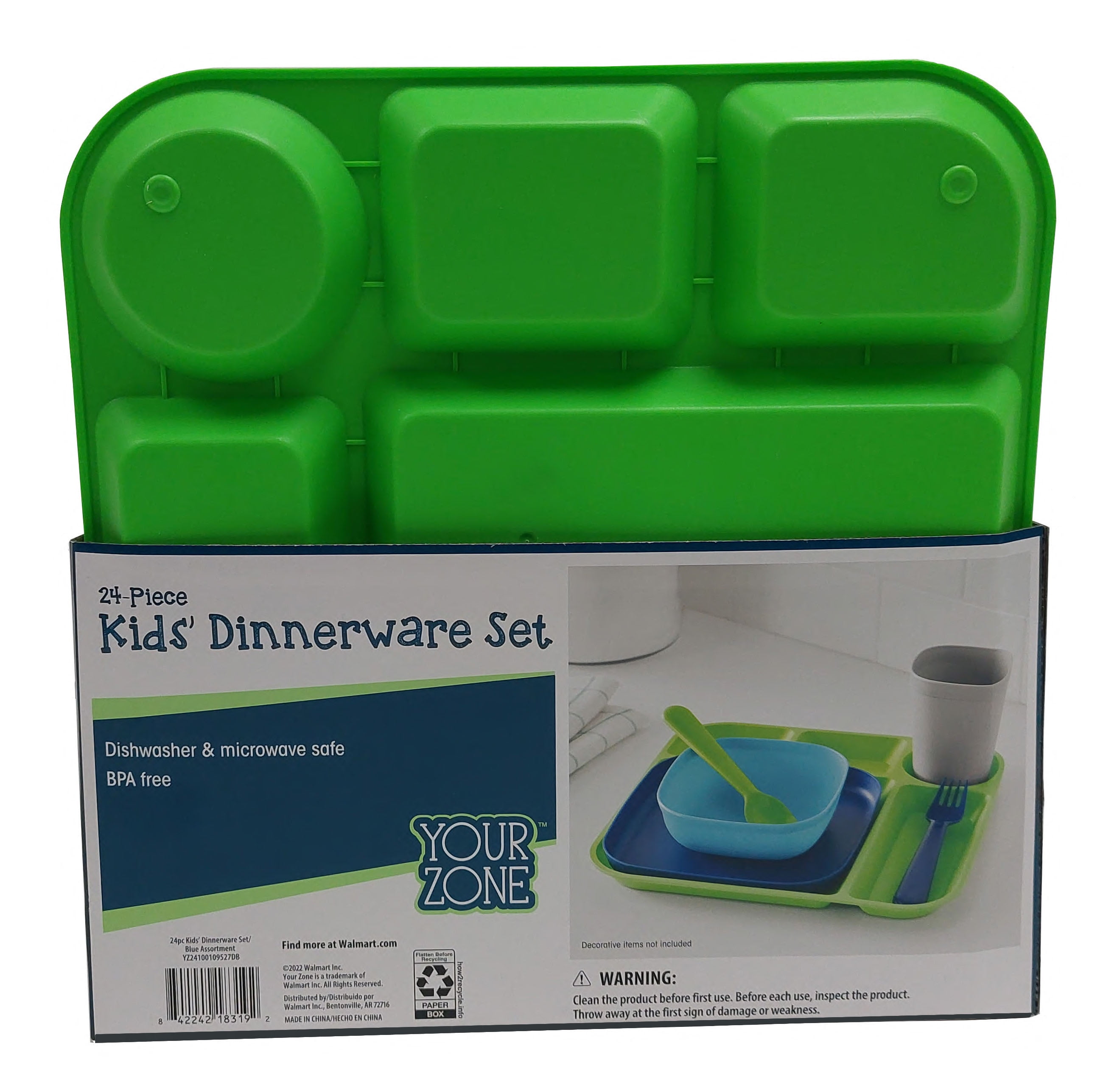 Your Zone 24 Piece Plastic Dinnerware Set for Kids with 4 each Trays, Bowls, Plates, Cups, Forks, Spoons in Bright Green, Teal, Gray, Navy