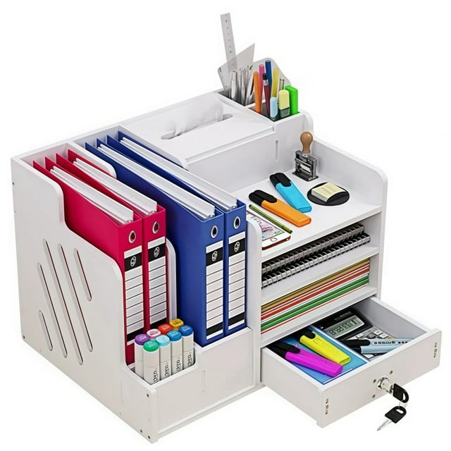 Organizador de escritorio de oficina y accesorios, Organizador de escritorio con 8 compartimentos + 1 cajón,Con Caja de Pañuelos, Ahorra Espacio para Bolígrafos, Carpetas