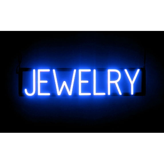 SpellBrite JEWELRY LED Sign for Business. 28.0" x 6.3" Blue JEWELRY Sign Has Neon Sign Look With Energy Efficient LED Light Source. Visible from 500+ Feet, 8 Animation Settings.