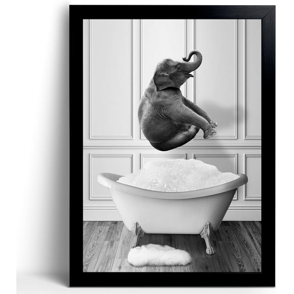 Aaheei Funny Elephant Wall Art - Washing Elephant In Bathtub Pictures for Wall Animal Paintings Please Seat Yourself Sign Artwork Rustic Canvas Print Decor