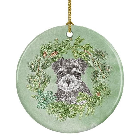 Schnauzer Puppy Black and Silver Christmas Wreath Ceramic Ornament 2.8 in x 2.8 in
