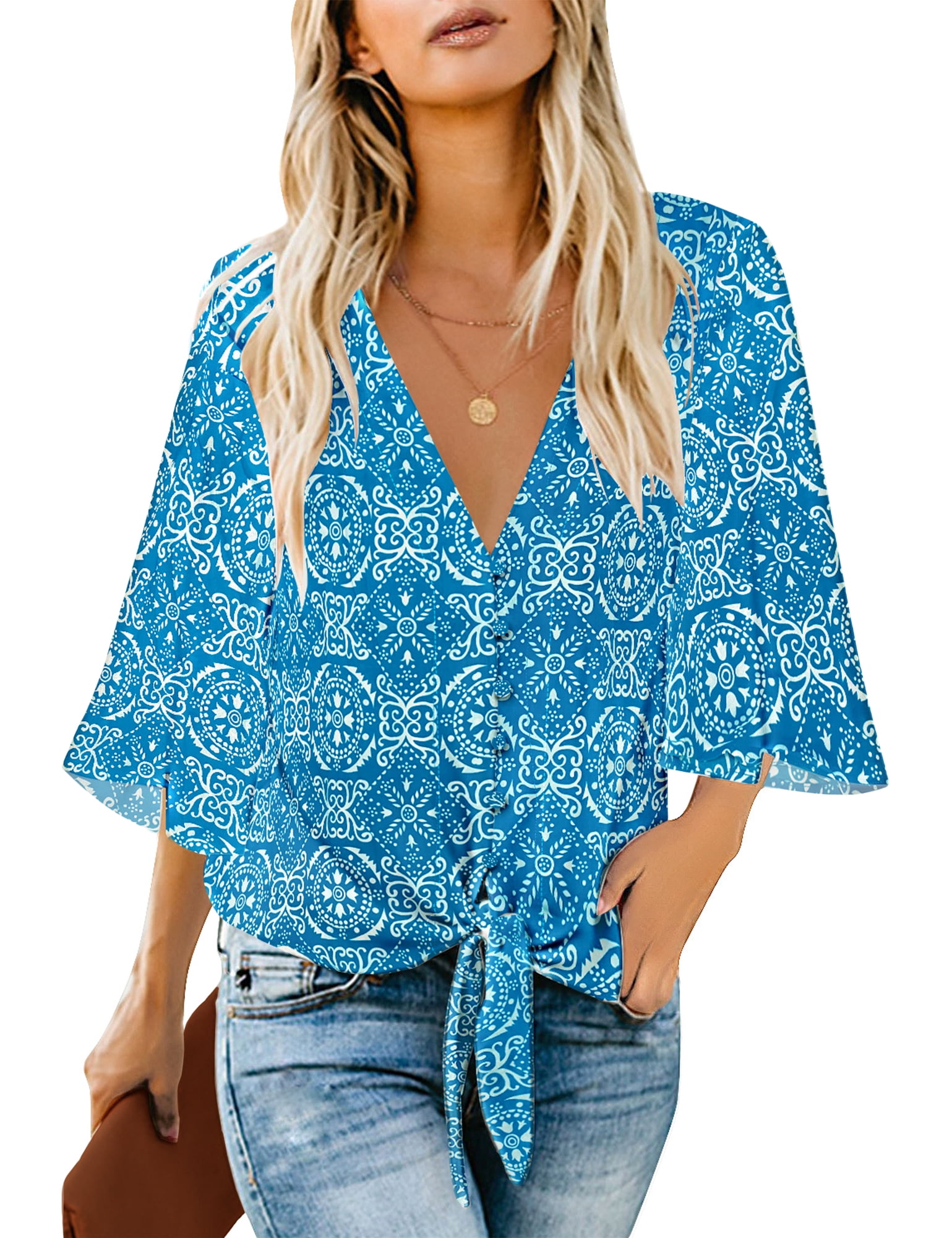 luvamia Women's Summer Button Down Blouses 3/4 Bell Sleeve Casual Loose