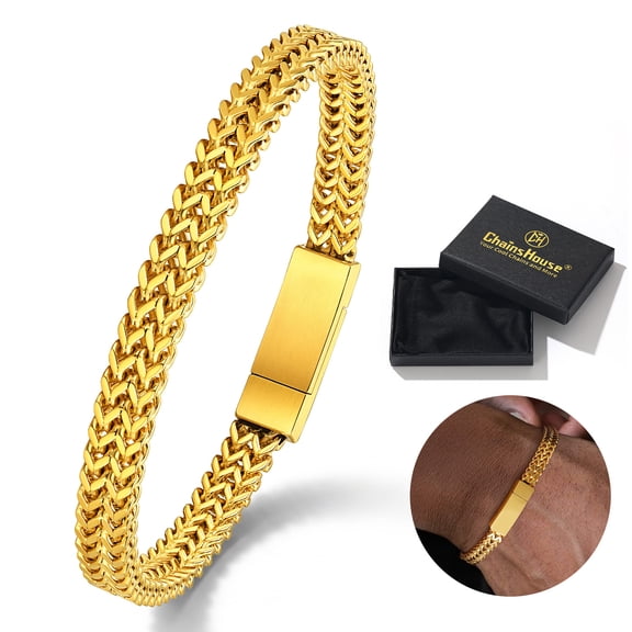 ChainsHouse 14K Gold Plated Chain Bracelets for Men, 6mm Wide Stainless Steel Wrist Band Link Hand Chain Jewelry Gifts for Husband Dad Son Boyfriend Teens, 8.3inch