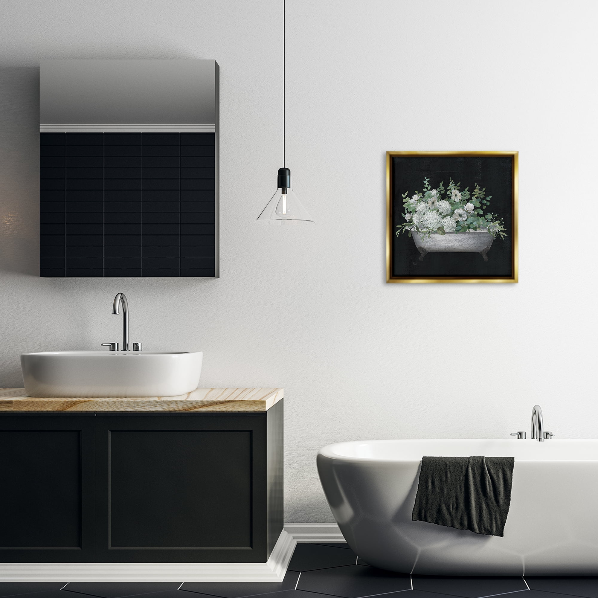 Stupell Industries Floral Bath on Black Typography Painting Gold Floater Framed Canvas Art Print Wall Art, 18 x 18