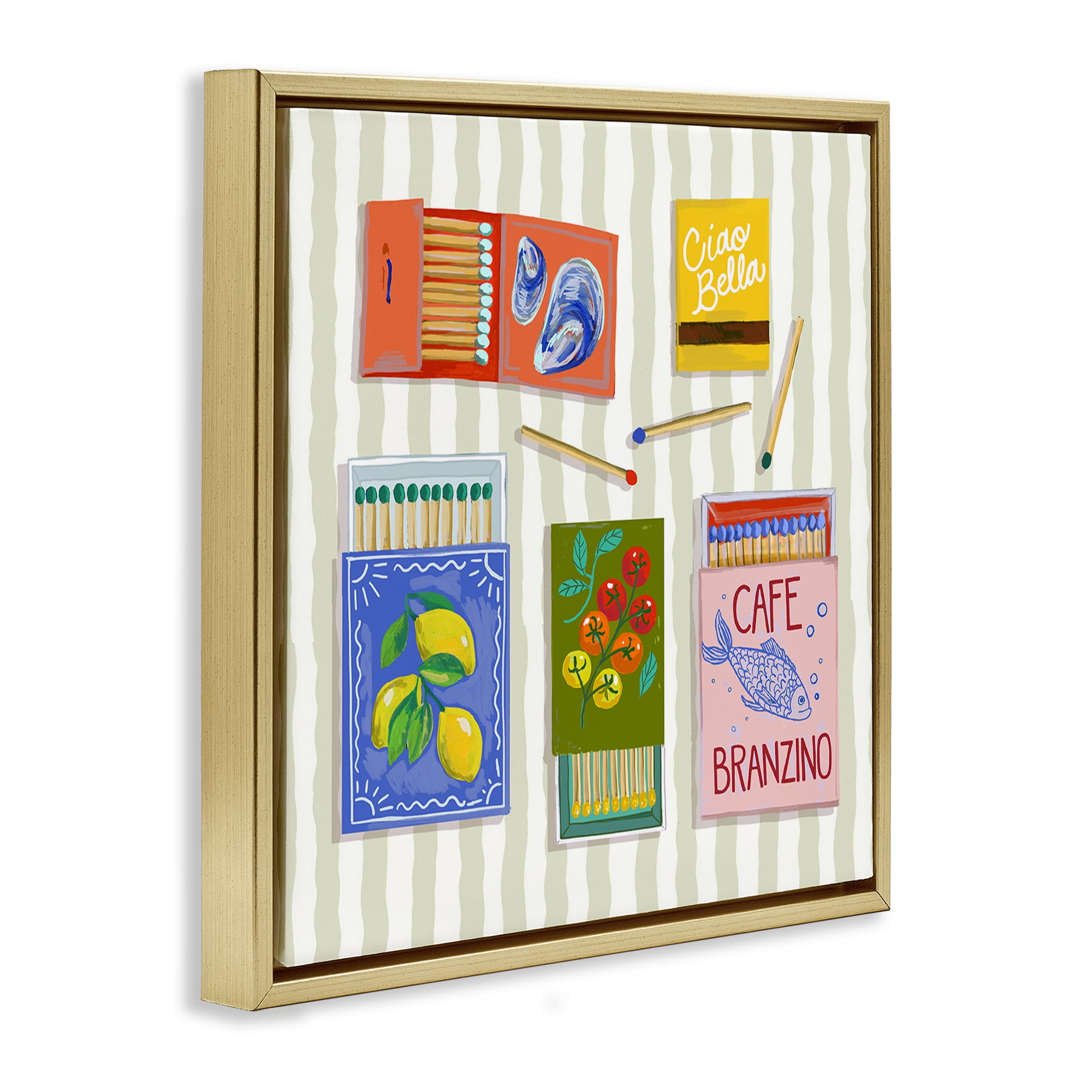 Stupell Industries Ciao Bella Seaside Matchboxes Gold Framed Floater Canvas Wall Art, design by Rachel Nerney