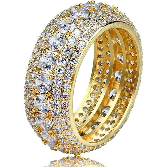 10mm Iced Out Gold Plated 5 Row Cubic Zirconia Diamond Hip Hop Eternity Band Engagement Ring for Men Women
