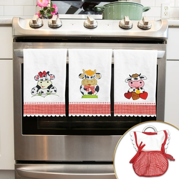 MDK Creative Gifts 3-Piece-Set Count - Embroidered White Flour Sack Towels - Towel Holder Bonus