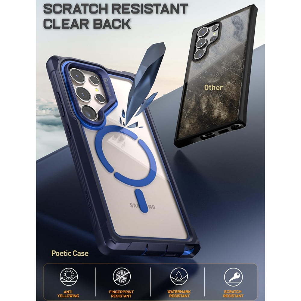 Poetic Guardian Case for Samsung Galaxy S24 Ultra 6.8", [Built-in Camera Stand] [Screen Protector Work with Fingerprint ID] Full Body Shockproof Protective Rugged Clear Cover, Blue/Clear
