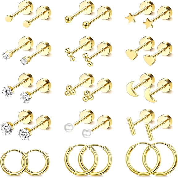 DESIGNICE Small Hypoallergenic Flat Back Stud Earrings for Women Men 14K Gold Plated Surgical Stainless Steel Earring Sets Tiny Screw Back Cartilage Earrings for Sensitive Ears