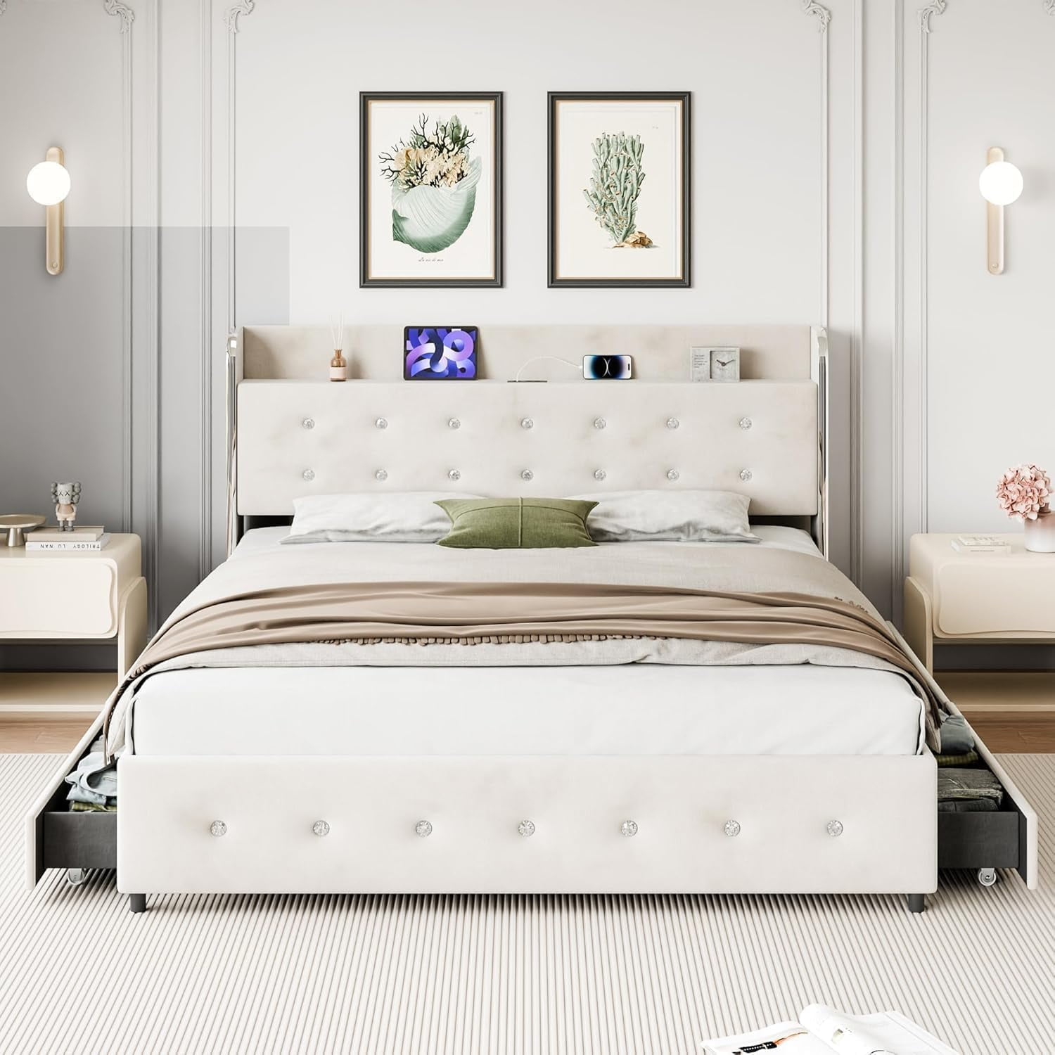 Queen Size Bed Frame, Upholstered Bed Frame with 4 Storage Drawers, Platform Bed Frame with Diamond Tufted Headboard, Wood Slat Support, No Springs Required, Easy to Assemble, White