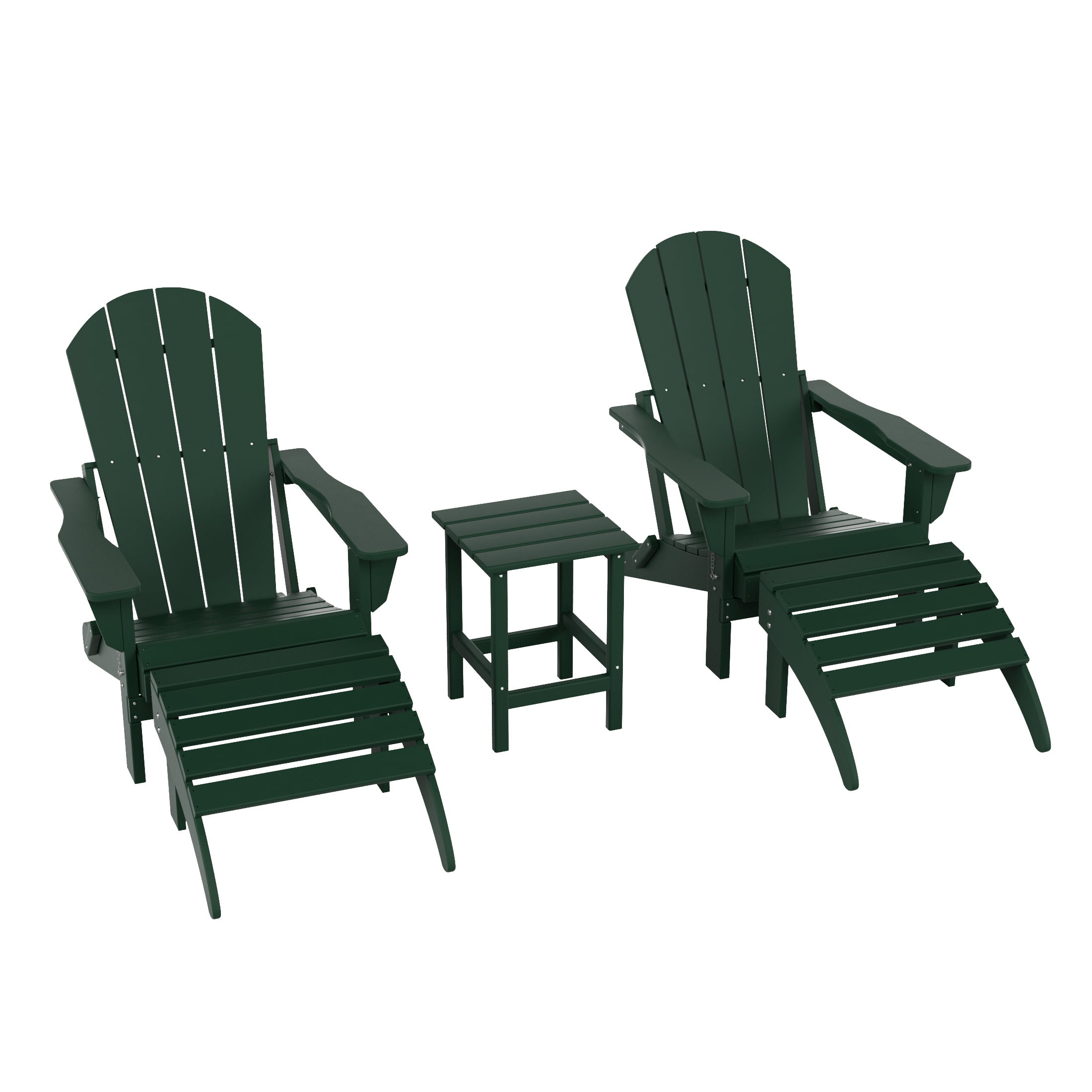 WestinTrends Malibu 5-Piece set classic Adirondack chairs with ottoman and a small coffee table (2 seater), Dark Green