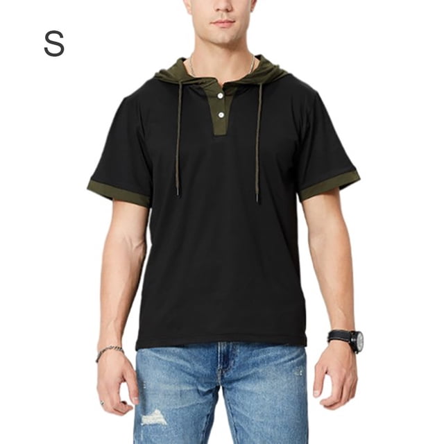 Camiseta de manga corta con capucha y sudadera para hombre, blusa, negro, verde militar, S AweSitey AP002510-06