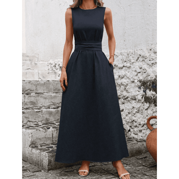Summer Maxi Dresses for Women Elegant Sleeveless Tie Waist Casual Dress Crewneck A Line Tank Long Dress Guest Dress