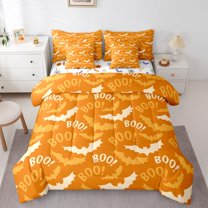 jejeloiu Horror Bat Twin Bedding Sets 7-Piece,Halloween Theme Bedding Comforter Set,Orange Wild Animal Sheet Sets For Teens Boys,Super Cozy Room Decor Reversible