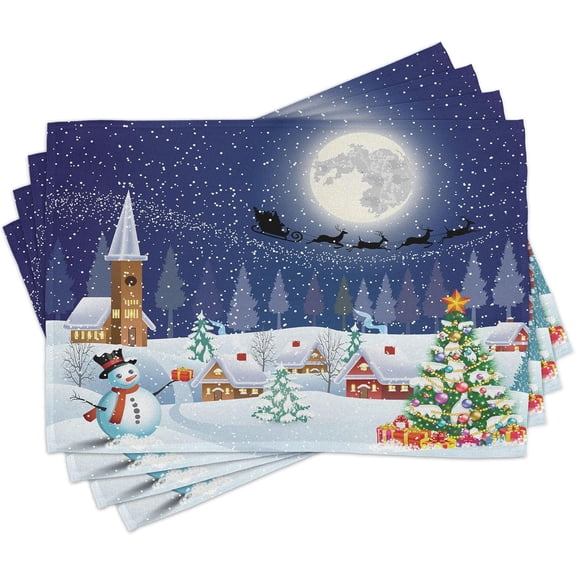 Christmas Place Mats Set of 8, Winter Season Snowman Xmas Tree Santa Sleigh Moon Present Boxes Snow and Stars, Washable Fabric Placemats for Dining Table, Placemat 8 pcs, White Blue
