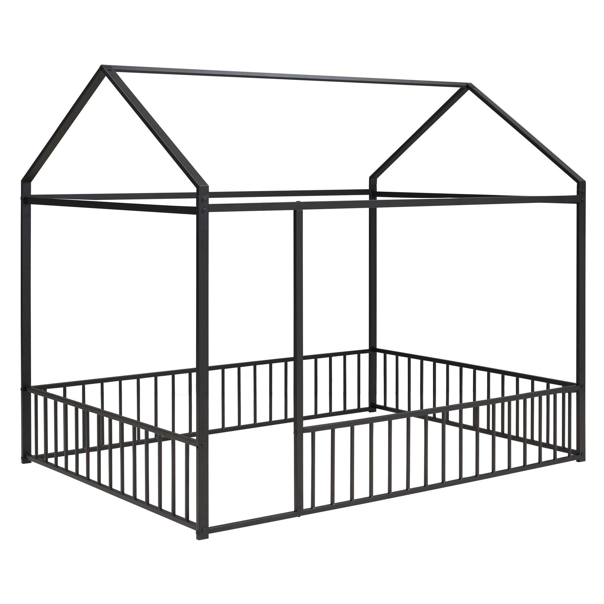 Gewnee Full Size Metal House Bed frame with Fence,Montessori Floor Bed for Toddler and Kids,Black