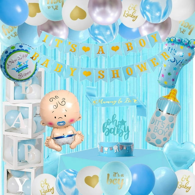 Finypa Baby Shower Decorations for Boy, Blue White Baby Party Decor Kit Include Paper Balloons Boxes, Blue Balloon Garland,Bronzing Banner,Tablecloth,Sash