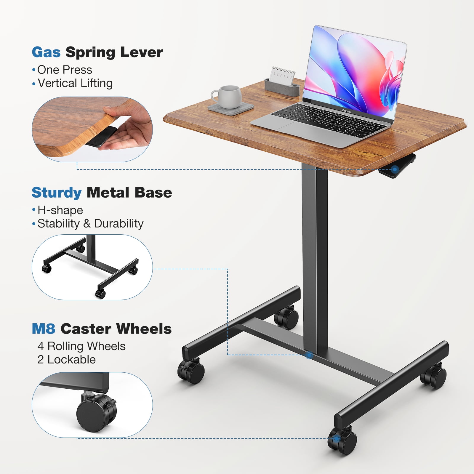 GIANNA Mobile Height Adjustable Laptop Stand Computer Workstation for Sitting Classroom Home Office Medical Table w/Wheels, Flat Desk