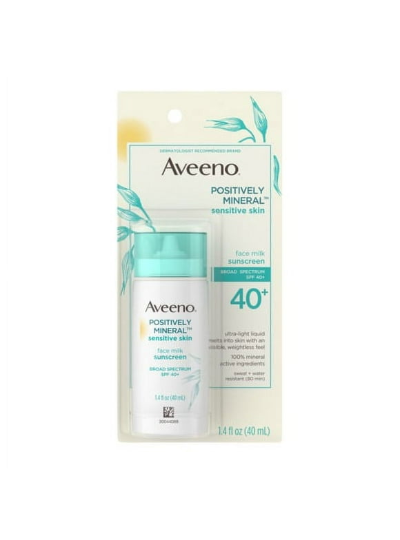 Aveeno Positively Mineral Sensitive Skin SPF 40+ Sunscreen Face Milk with Zinc Oxide & Titanium Dioxide, Invisible Oil-Free Liquid Facial Sunscreen, Paraben- & Phthalate-Free, 1.4 fl. oz