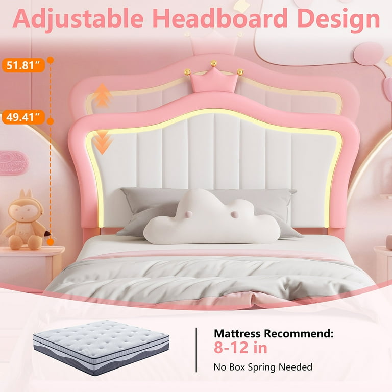 Twin Size Led Bed with Drawers Upholstered Twin Bed Frame with Adjustable Headboard Cute Pink Princess Bed with Crown Design for Girls LED Twin Frame with Storage Walmart