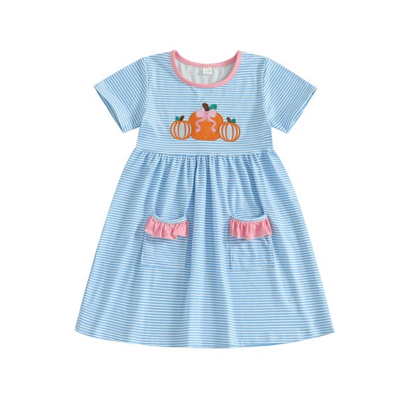 RUINIXCW Kids Toddler Baby Girl Halloween Dress Little Girl Summer Fall Dress Clothes Pumpkin Embroidery Short Sleeve Peter Stripe Dress with Pockets
