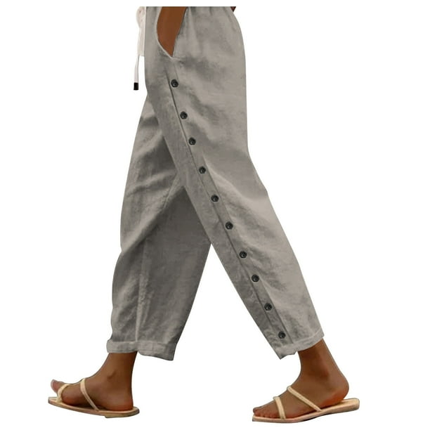 Pantalones holgados con cintura elástica y hebilla lateral de color liso para mujer - Pantalones informales de poliéster con bolsillos traseros, tallas S-XXL