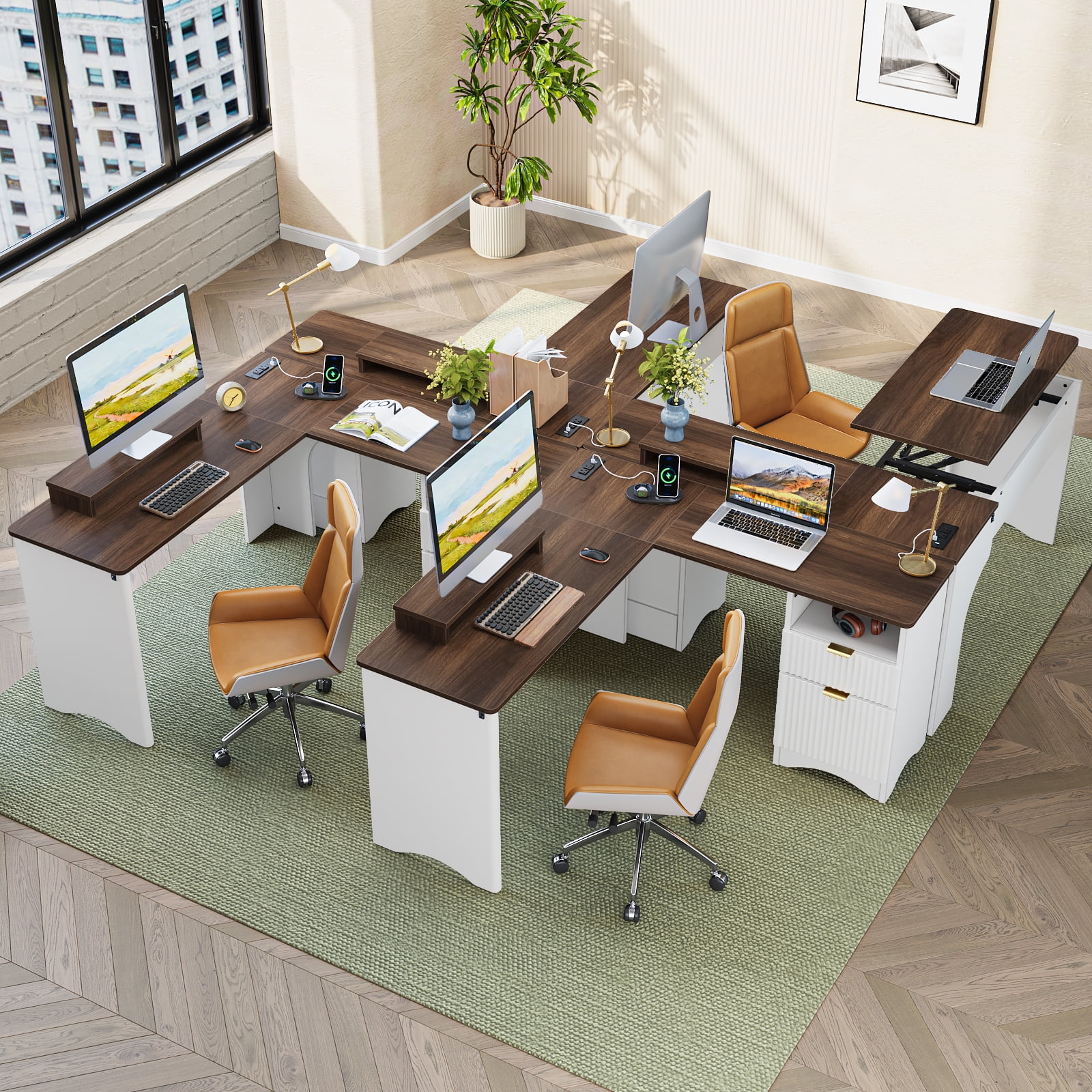 Bestier 55" L-shaped Computer PC Desk Lift Top with Power Outlets Storage Drawers and Monitor Stand, Walnut and White