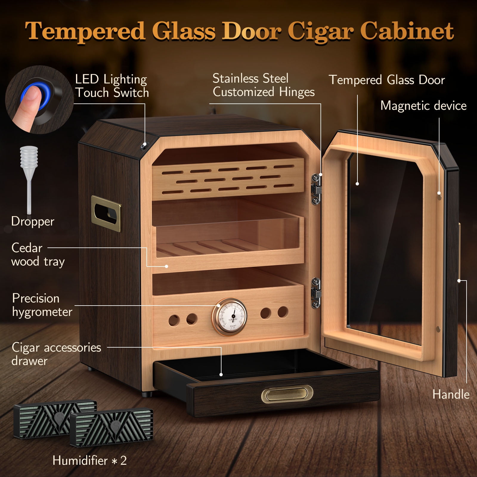 Electric Cigar Humidor Lighted Control Magnetic Door Desktop Cigar Humidor Cabinet,with Cigar Accessory Drawer 2 humidifiers 3 Layer Large Capacity Humidor,Hold 100-150 Cigars Gift for Cigar Lover