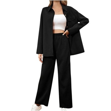 

Posijego Women s 2 Piece Outfit Lounge Shirt Set Lapel Button Down Shirt Loose Wide Leg Pants Sweatsuit Loungewear Set