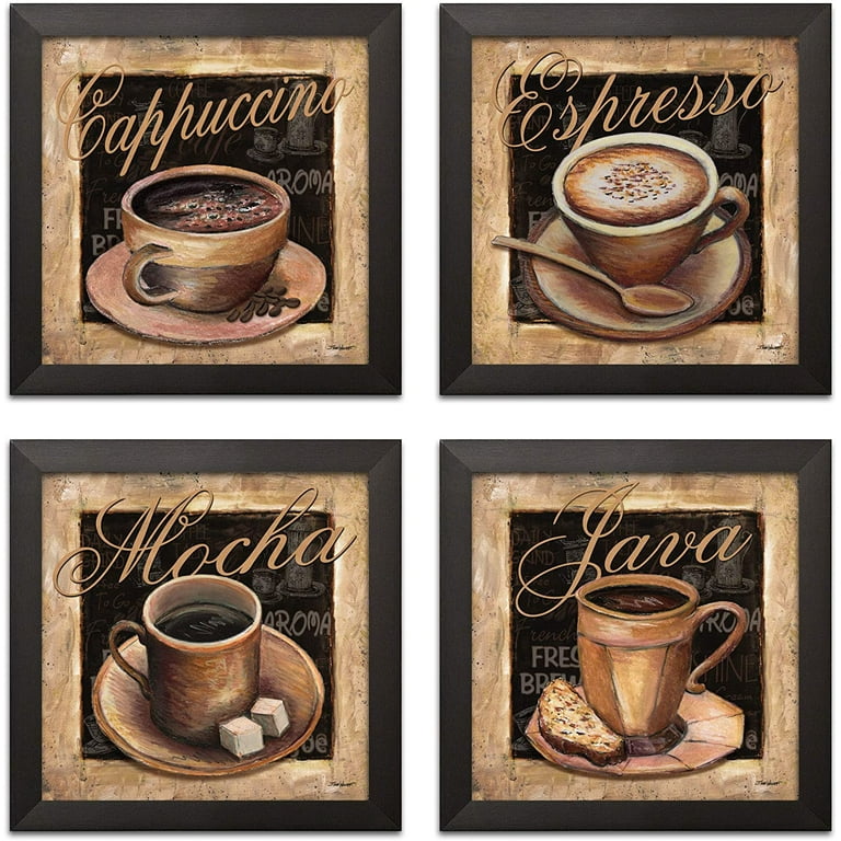 Classic Brown and Black Coffee Cup Adult Kitchen Decor; 4- 12 inch x 12 inch Black Frame Set, Size: 12 x 12