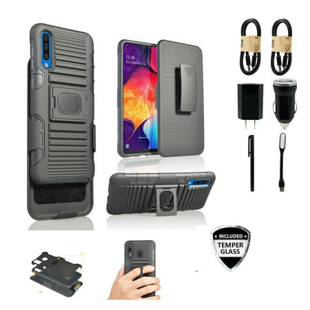 ~Value Pack~ for Galaxy A50 Case with Clip+Temper Glass Black Rugged Ring and Magnetic Grip Cover + Belt Hip Holster Stand [with Built-in Mounting Plate] for Samsung Galaxy A50 (Best Htc Tablet 2019)
