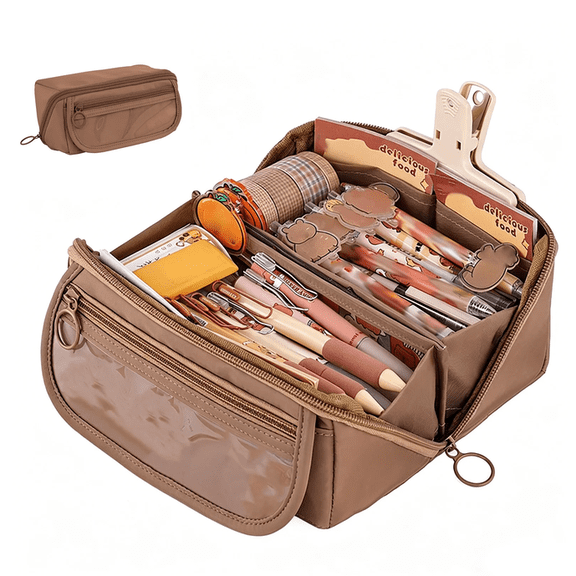 Pencil Case Large Capacity Pencil Pouch for Organisation Zipper Pencil Bag Back to School Supplies Brown