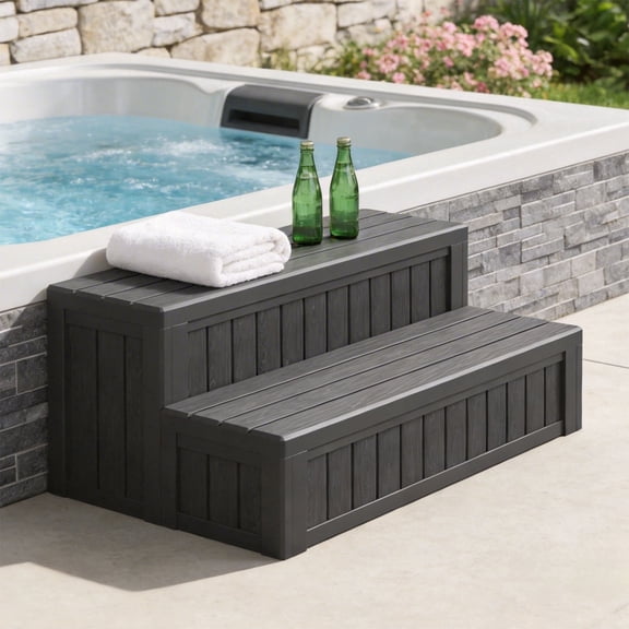 Dateyes Hot Tub Steps with Storage, Wood-Look Non-Slip Spa Steps for Outdoor Patio, Gray, 36"