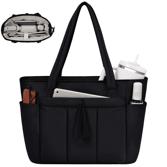 Narwey Puffy Tote Bag for Women, Puffer Work Tote Bag for Lady, Lightweight Soft Shoulder Handbag with Cup Holder, 15.6" Laptop Bag with Trolley Sleeve for Travel, Nurse,Black