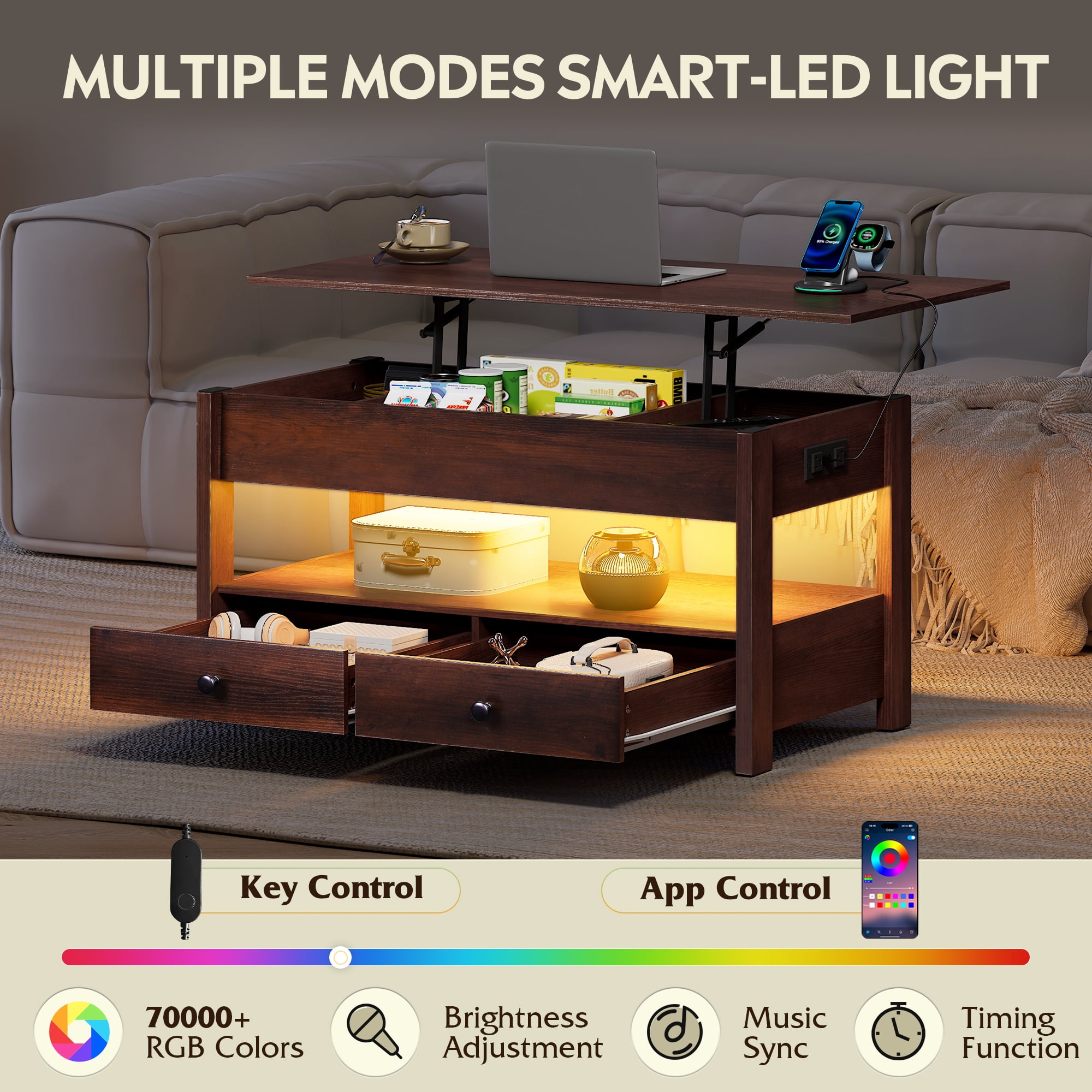 GALAXHERO Lift Top Coffee Table for Living Room Table with 2 Drawers & LED Light & Large Storage and Open Shelf Espresso