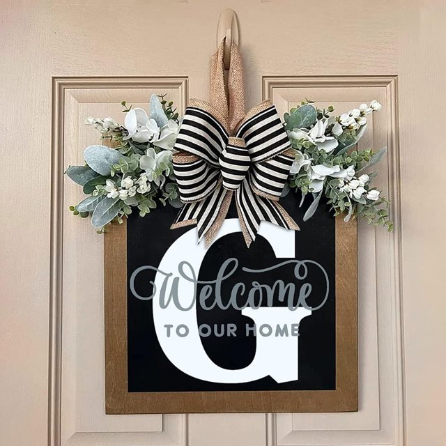 LAICAIW Initial Last Name Year Square Front Door Wreath 2023" Welcome Sign Garland Personalized Creative 26 Letter Farmhouse Wreath for Spring Summer, Autumn, Winter Outside Gift (Color : G, Size :