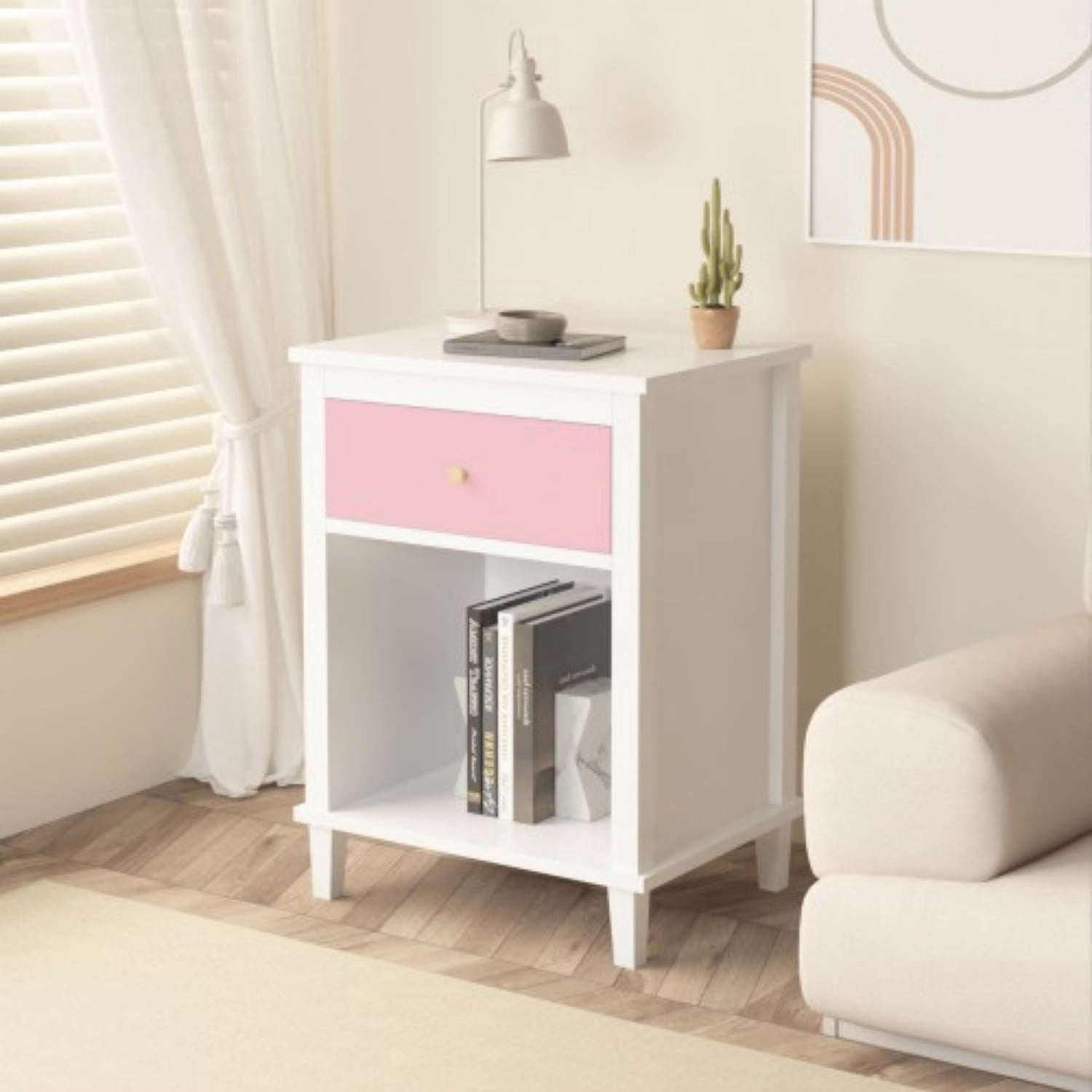 26.77" Wooden Nightstand with Drawer and Open Shelf, Modern Bedside Table for Kids & Adults, MDF End Table with Silver Handle, Pink