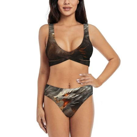 Zeuib Abstract White Dragon High Waisted Tummy Control Bikini Set - Knot Front Push Up Top & Cheeky Thong Bottom  Two-Piece Swimsuit for Women-Medium