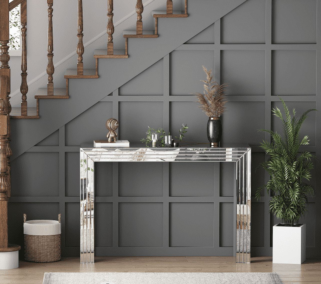 SHYFOY Silver Console Table Entryway Table with Line Design Mirror Finished Accent Table Sofa Table for Living Room Hallway Entrance