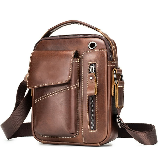 Bolso bandolera de cuero para hombre, estilo retro, pequeño, tipo bandolera, informal, con orificio para auriculares, para viaje, para almohadilla de 7,9"