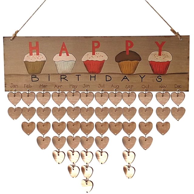 Tablero de placa de madera de feliz cumpleaños recordatorio de cumpleaños en forma de corazón calendario DIY decoración de fiesta en casa JFHHH pequeña