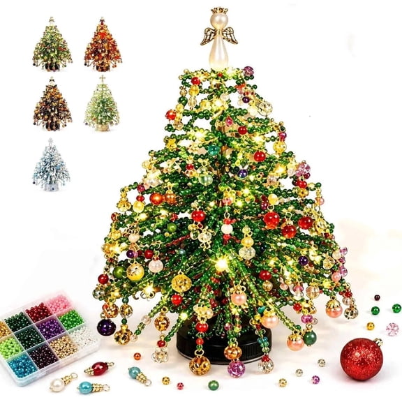 DIY Beaded Christmas Tree Kit, Holiday Craft Set for Adults, Colorful Beads, Ornament Charms, Metal Frame, Warm Glow Display, Tabletop Decor, Christmas Gift (Classic)