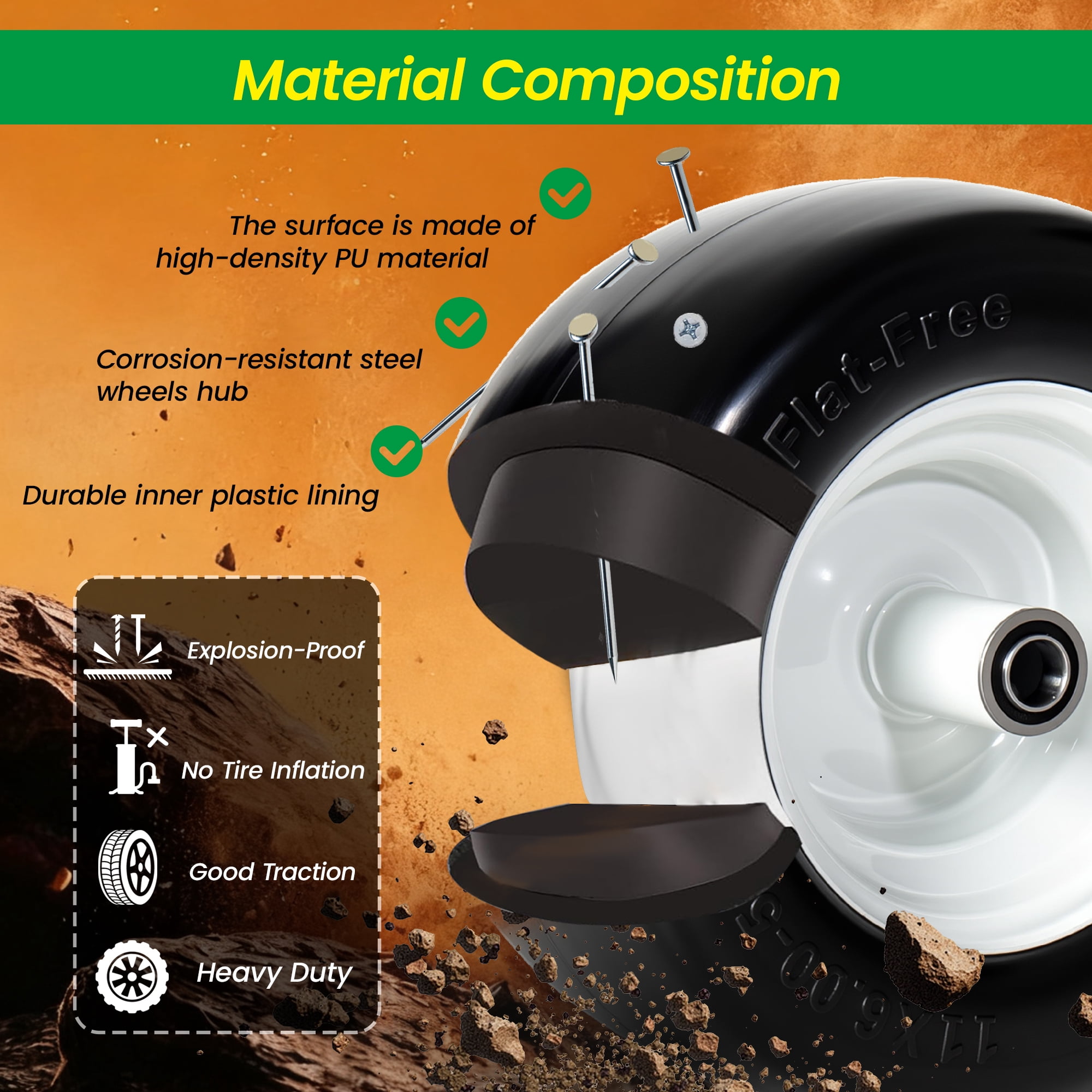 Leumius Set of 2 11x6.00-5 Smooth Tire and Wheel, 11x6-5 Solid Rubbe Riding Lawn Mower Tire with Rim, 3/4" Bearing, 5.8" Centered Hub, Smooth Tread Solid Tire for Zero Turn Mowers