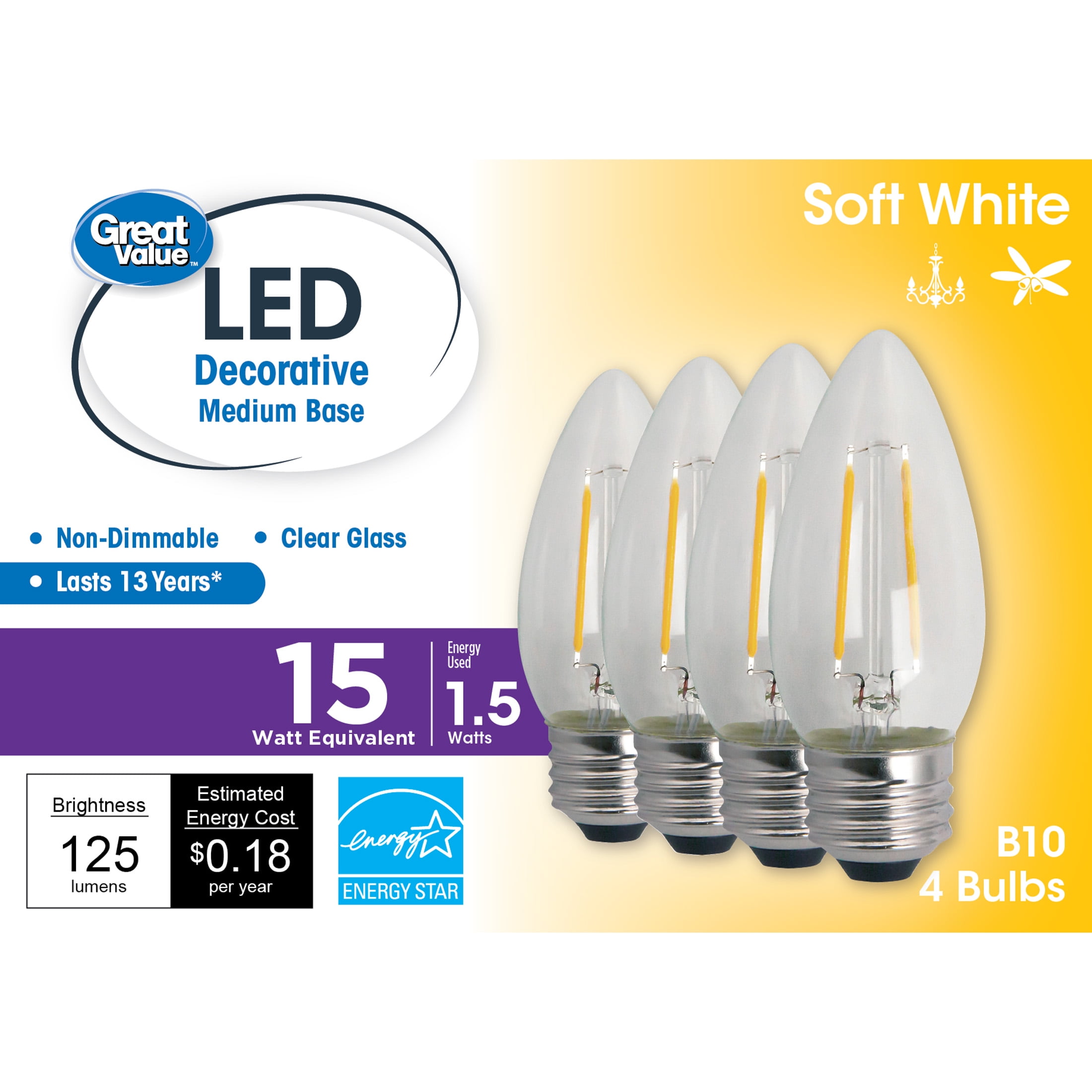 florero estaño prometedor Great Value LED Light Bulb, 1.5 Watts (15W Equivalent) B10 Deco Lamp E26  Medium Base, Non-dimmable, Soft White, 4-Pack - Walmart.com