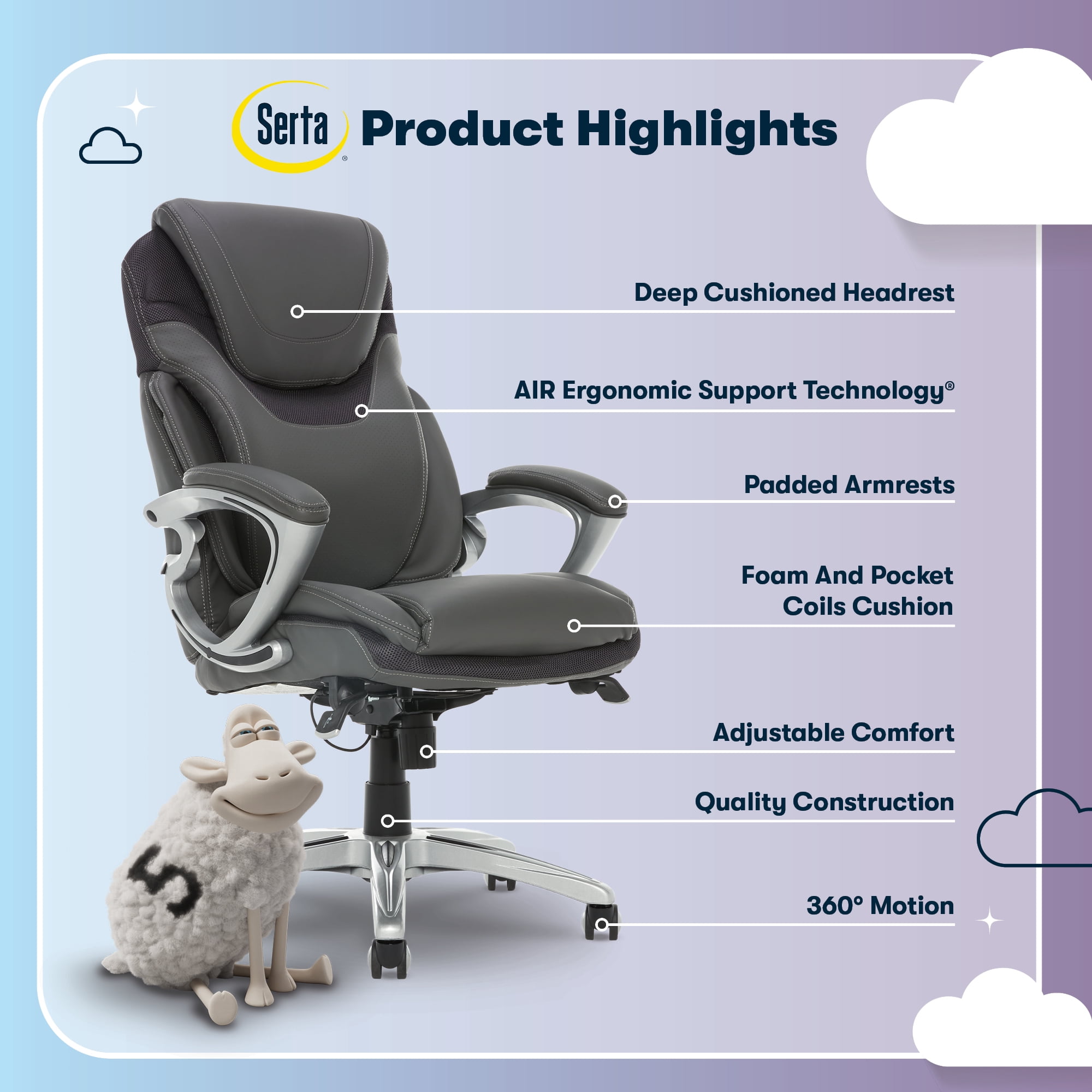 Serta Bryce Executive Office Chair, Ergonomic Computer Desk Chair with Patented AIR Lumbar Technology - Adjustable Height, Memory Foam Body Pillows, 360° Swivel Rolling Base, Bonded Leather, Gray