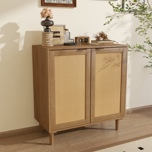 Sideboard with 2 Doors Wooden Storage Cabinet High Solid Wood Foot Buffet Table Gold Handles Tableware Cabinet Rattan Surface Side Cabinet for Kitchen Living Room Bedroom Furniture Brown Yellow