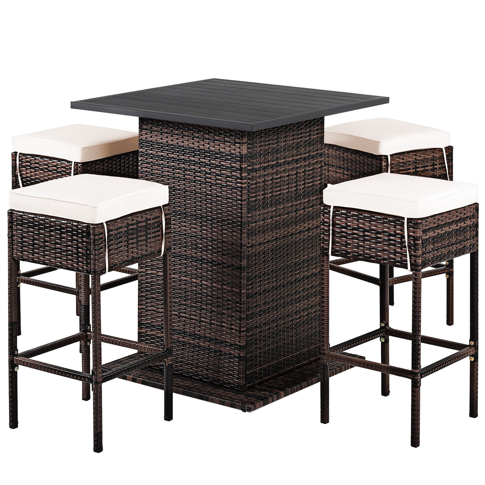 Gymax 5PCS Patio Bar Set Rattan Bar Furniture Set w/ Table & 4 Cushioned Stools
