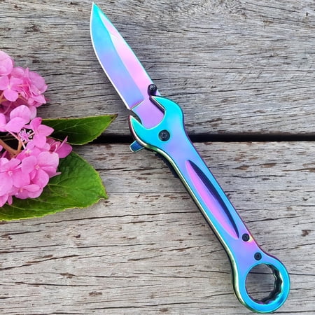 DASAW-Pocket Knife Unique Utility Pocket Folding Knife with 14mm and 19mm wrenchs Titanium plated Great Gift EDC Knife For Daily Work Outdoor Camping (Rainbow)